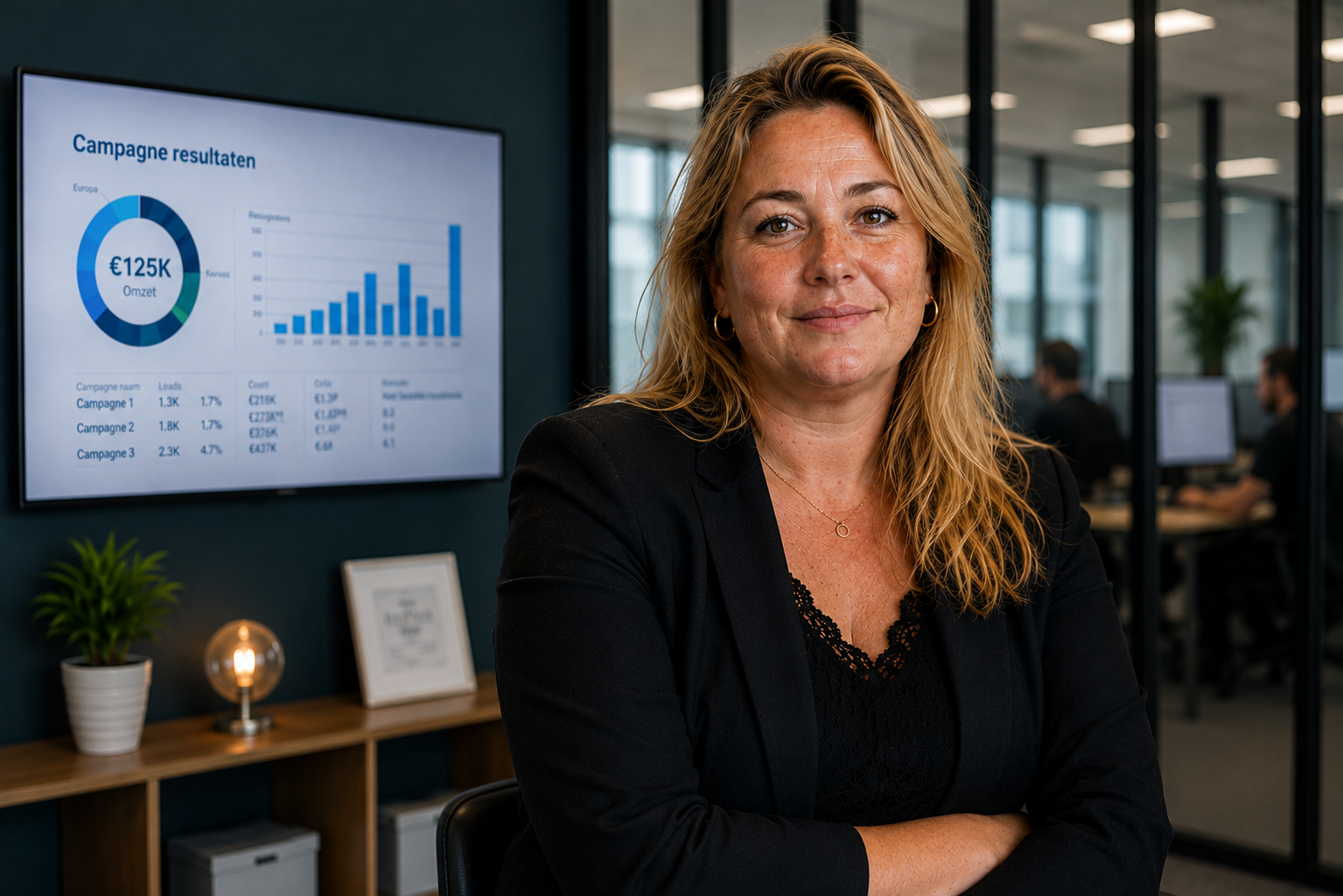 Sanne, marketing manager, in kantoor met campagneresultaten op het scherm